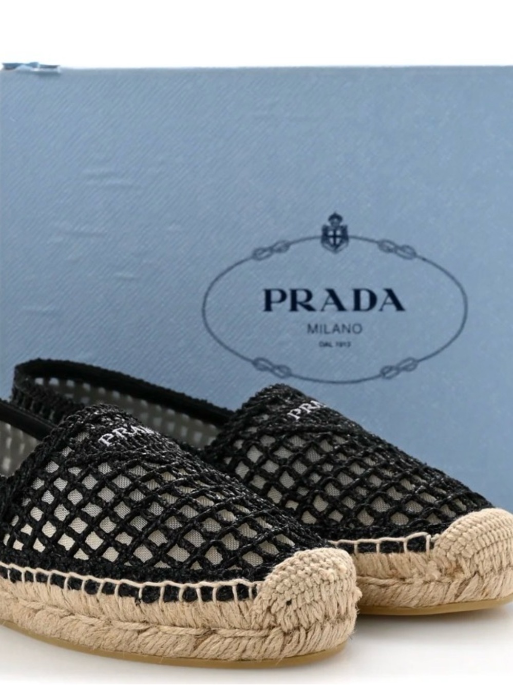Prada Crochet Raffia Espadrille Flats with Natural Jute Trim